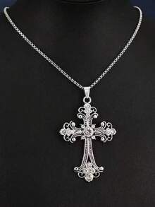 1件巴洛克十字项链，欧美嘻哈复古风格镶嵌大十字不锈钢项链，批发男士长款毛衣链和女士日常配饰 - 十字 - 查看 2