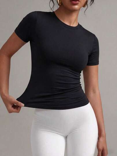 FWH Retro Sporty T-Shirt, Minimalist Round Neck Design, Slim Fit, Essential Summer Sportswear, Lightweight & Casual, Minimalist Fashion, Slimming, Suitable For Yoga, Outdoor, Office, Women's Classic Round Neck Short Sleeve Yoga Top