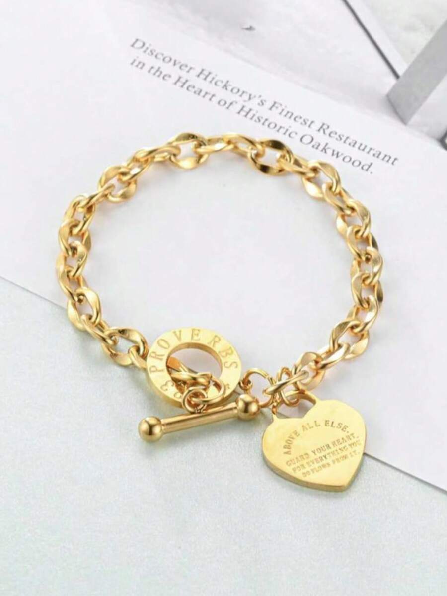 1 Stück Damen Edelstahl Herz gravierte Titan Kette Armband, mit T-Verschluss, geeignet für den täglichen Gebrauch und als Geschenk für Dates - Armband - Übersicht 1