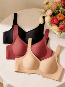 3pcs Set Minimalist Comfortable Sports Bras For Women, Wireless Seamless Solid Color Bras - Multicolor - View 2