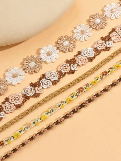 5pcs Vintage Aesthetic Lace Floral Charm Choker Sweet Boho Brown Necklace Set Daily Wearing Jewelry