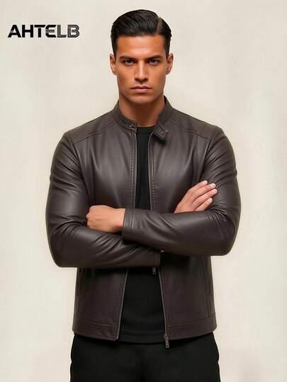  AHTELB Men's PU Leather Jacket, Casual Retro Riding Motorcycle Jacket, Spring Autumn Sports Jacket, Black Stand Collar Solid Color