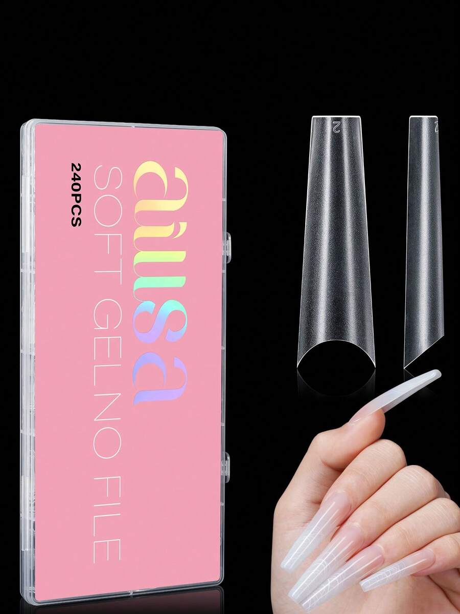 AILLSA 240pcs Elongated Coffin Boxed Acrylic Nail Tips , 12 Sizes Frosted Acrylic False Nail , Suitable For Nail Salons And DIY Nail Art Press On Nails Or Nail Supplies - Clear - View 1