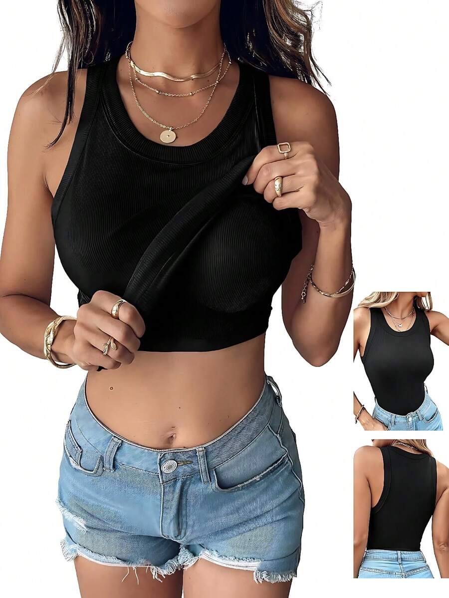 Ribbed Tank Tops For Women Built In Bra High Neck Racerback Shelf Bra Summer Casual Comfortable Yoga Shirts Sleeveless Undershirt - 黑色 - 查看 1