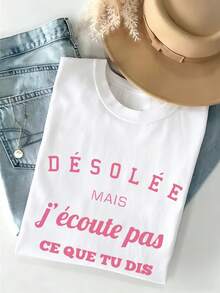 Women's White "Désolée Mais J'écoute Pas" Graphic T-Shirt, Loose Short Sleeves, French Quote Aesthetic, Summer Casual T-Shirt, Soft, Comfortable And Breathable, 2026 Style. - 白色 2 - 查看 3