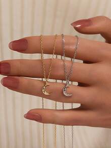 1 Piece S925 Sterling Silver Pleated Moon Necklace, Gold Necklace, Hypoallergenic, Simple And Versatile, Suitable For Everyday Wear/Party Wear. - Multicolor - View 3