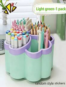 360 Degree Rotating 4-Tier Desktop Organizer Rack, PP Plastic Space-Saving Design For Office, School, Home, Includes Portable Cover To Hold Pens, Pencils, Makeup Brushes, Available In Green And Purple, Suitable For Small Spaces - Multicolor - View 12