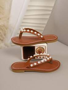 Beach Thong Slide Sandals Pearl Decor Strap Slip Ons Flat Summer Flip Flops Seaside Beach Footwear Pool Picnic Outing Shoes For Daily - Brown - View 3