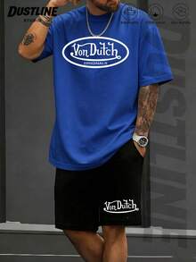 Mens Creative T Shirt And Shorts Set American Vintage Full Print Street Wear Essential T Shirt Set Men Graphic T Shirt And Shorts Set With Vons Dutchs Originals Logo Print Casual Outfit For Everyday Wear And Urban Style - Màu xanh lam - Xem 2