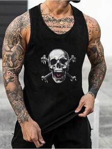 Men'S Tank Top Featuring A Pixelated Skull And Crossbones Design, Designed For Plus-Size Individuals, Offering Breathability And For Sports And Fitness Activities, Suitable For Big And Tall Men, Plus Size - 黑色 - 查看 2