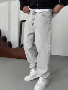 Men's Casual Washed Personalized Versatile Denim Jeans - 灰色 - 查看 5
