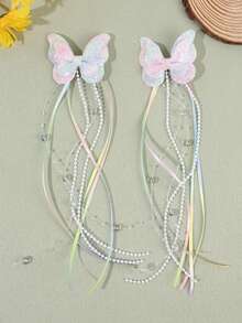 2PCS Gradient Glitter Butterfly Hair Bows For Girls Dreamy Gradient Sequins Bow Hair Clips Macaron Gradient Satin Ribbon Tassels Bow Alligator Clips Elegant Bead Chain Hair Barrettes For Holiday And Party Teens Hair Accessories - Multicolor - View 9
