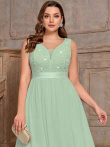 Plus Size Deep V-Neck Sequin Floral Lace Patchwork Chiffon Sleeveless Slit Thigh Formal Party Maxi Dress, Summer Dress, Birthday Occasion Elegant - Mint Green - View 8