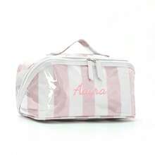 Personalized Striped Colorblock Cosmetic Bag, Pillow Shape Makeup Organizer With Zipper, Portable Travel Toiletry Bag, Open Flat Toiletry Bag, Gift - Multicolor - View 18