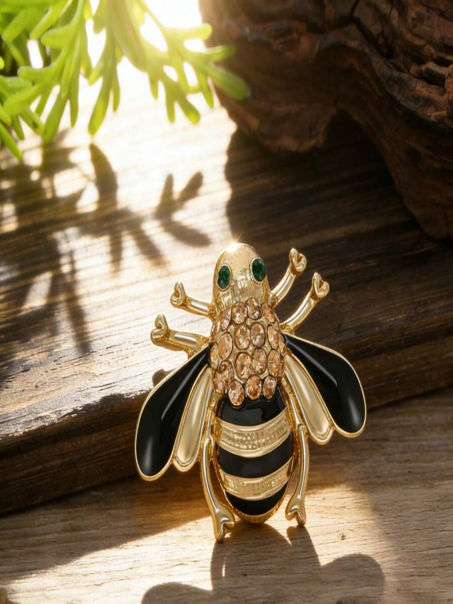 1枚优雅法式黑金条纹蜜蜂胸针，珐琅镶嵌绿色水晶，女士情人节周年纪念日通勤晚宴佩戴胸针 - 彩色 - 查看 1