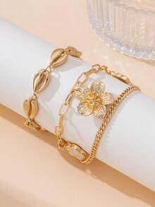 一套经典时尚百搭夏季海滩海洋风贝壳脚链和一条金色纹理雏菊白色四叶草吊坠脚链（女士款） - 金黃色 - 查看 4