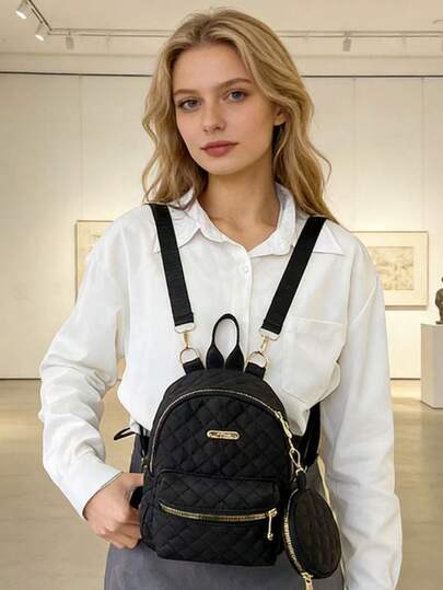 Mochila acolchada negra y dorada, bolso cruzado convertible de múltiples compartimentos, mochila mini casual versátil, bolso de diseño exclusivo para salidas diarias, regalo del Día de la Madre - Imprescindible para la chica dulce que va al trabajo