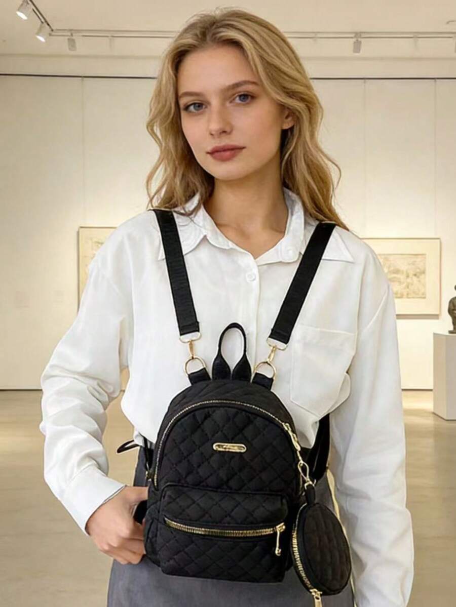 甜美女孩通勤必备，绗缝黑金双肩包，多隔层可转换斜挎包，百搭休闲迷你双肩包，日常出行小众设计包，母亲节礼物 - 彩色 - 查看 1