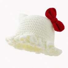 Women's Cat Ear Ruffle Edge Knit Bucket Hat Handmade Crochet Knit Beanie  Warm Cap - White - View 5