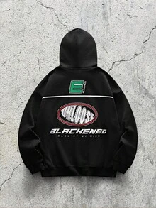 EVRINFINITE 男士标语图案口袋连帽衫，秋季款，长袖上衣 - 黑色 - 查看 2