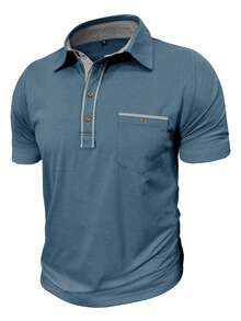 Plus Size Men's Fashion New Contrast Color Polo Shirt, Casual Solid Color Button Pocket Turndown Collar Top - Baby Blue - View 3