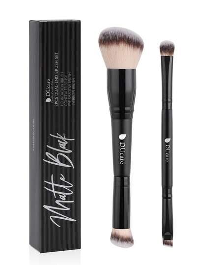 DUcare 2pcs Double-Ended Makeup Brushes: Contour, Foundation, Eyeshadow And Eyebrow Brush - Fiber Hair, Aluminum Tube, Wooden Handle - Suitable For Home And Travel, Perfect Gift