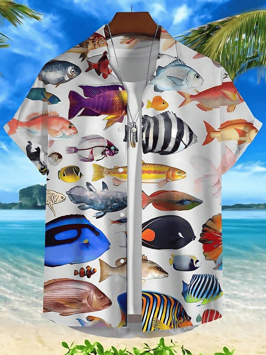 3d Fish Print Hawaiian Shirts For Men New Men's Shirt Casual Unisex Clothing Summer Quick Dry Short Sleeve Shirt Tops - A508D-AL23161 - 查看 1
