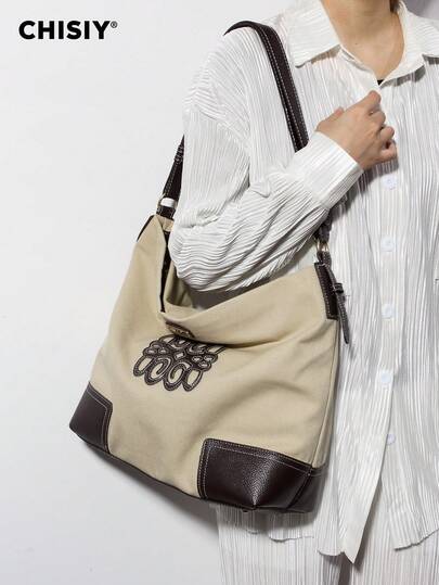 Original Handmade Lychee Texture Color Block Wide Strap Khaki Fabric & Faux Leather Casual Canvas Tote Bag, Minimalist Elegant Style, Large Capacity, Adjustable Strap, Zipper Closure, Suitable For Office Lady, Business Woman, Student, Shopping, Travel, Spring/Summer