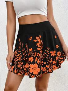 Falda pantalón de verano con estampado floral, diseño de bolsillo y cintura elástica, cómoda y casual para mujer de talla grande - Naranja - Ver 3