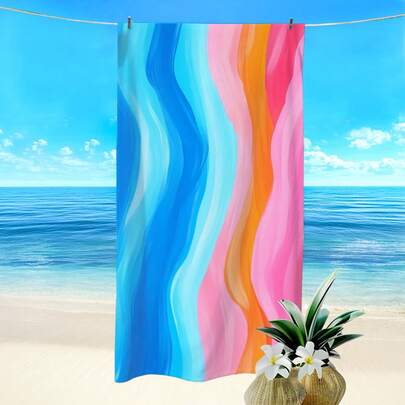 1条蓝粉色波浪海豚印花沙滩巾，超强吸水速干，轻便柔软，适合沙滩、游泳、户外活动、旅行，是理想的沙滩必备品。