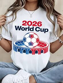 White T Shirt With 2026 World Cup Soccer Ball And Stadium Graphic For Sports Fans And Football Events - trắng - Xem 2