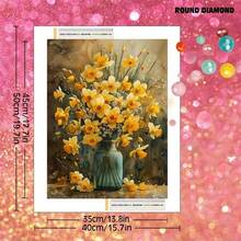 1pc Large Size 5D Round Crystal Diamond Painting, Featuring Yellow Daffodils And Vintage Vase, Handcrafted Crystal Diamonds Sparkling Like Starlight. It Is A Healing DIY Creation, And The Finished Artwork Can Be Used As Home Wall Decor To Add An Artistic Atmosphere. It Also Makes A Heartfelt Handmade Gift For Halloween, Christmas, Lighting Up The Space And Holiday Warmth. No Frame Included. - round diamond - View 5