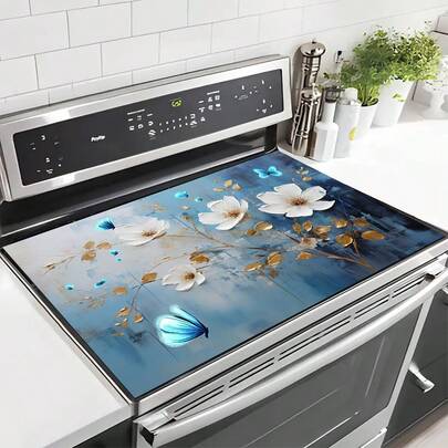 1 tấm lót thấm hút bát đĩa, tấm bảo vệ mặt bếp, nền xanh dương với họa tiết hoa trắng và lá vàng, thích hợp dùng cho máy pha cà phê và mặt bếp kính, thấm hút cao, thảm thoát nước đa năng, quà tặng gia đình.