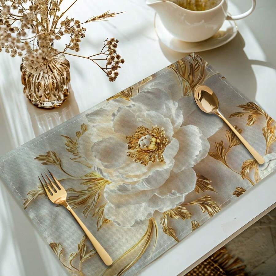 4pcs Elegant Floral Design Placemats, Polyester Rectangle Washable Table Mats, Suitable For Kitchen And Dining Room - Multicolor - View 1