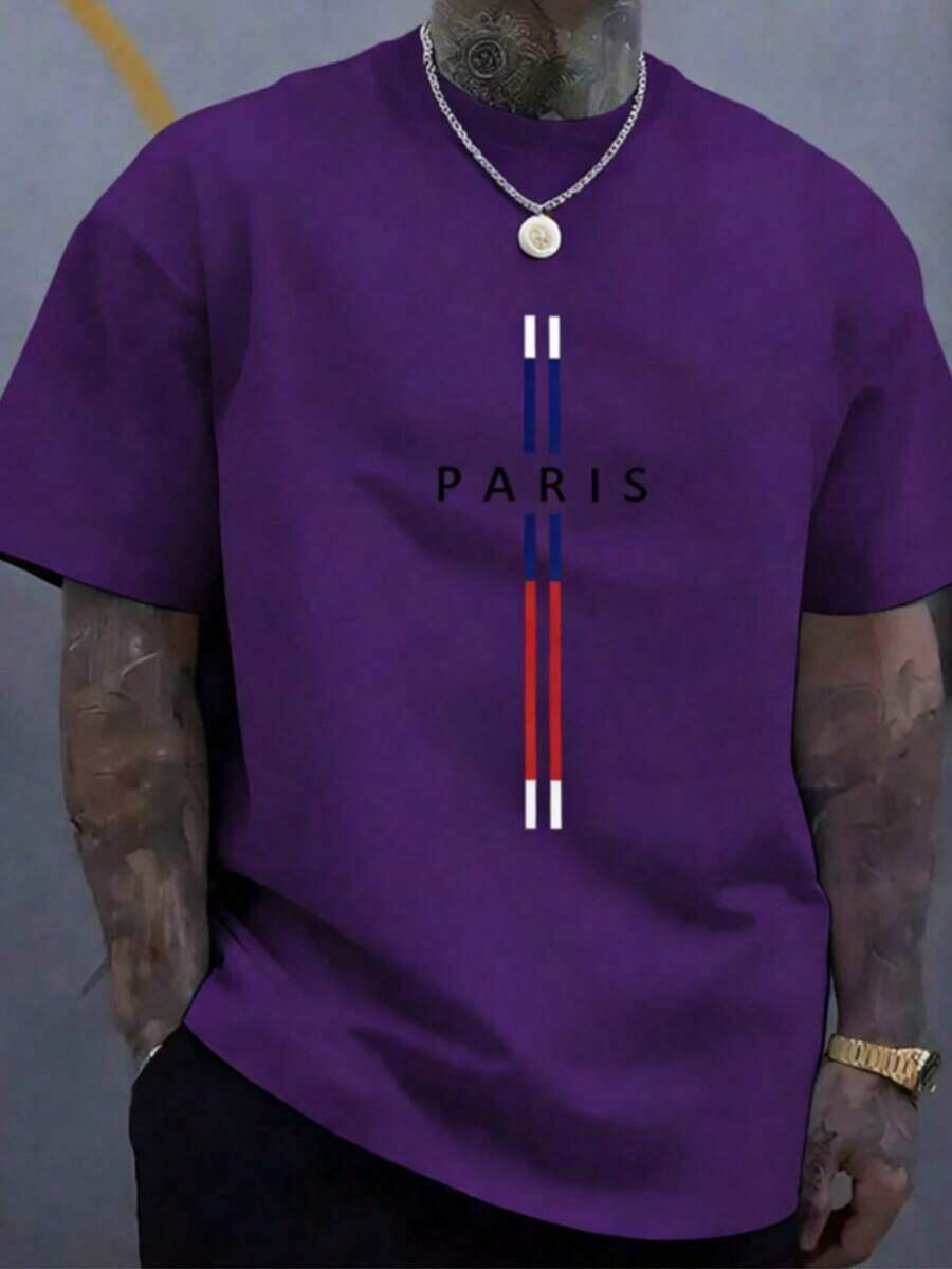 Men's Casual 100% Cotton Soft Crew Neck T-Shirt Daily Wear, High-Quality Plus-Size Pure Cotton Menswear,Mens Cotton T-Shirt, Paris Graphic Design, - 紫色 - 查看 1