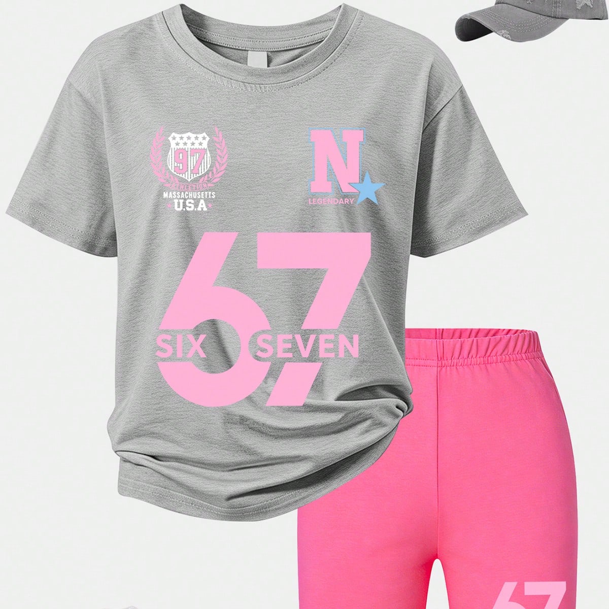 Camiseta de manga corta y pantalones cortos para adolescentes, estampado gráfico 67 de manga corta, estilo callejero casual de moda para el verano