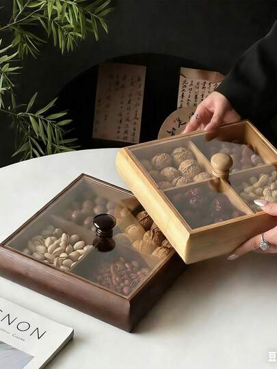 1pc Square Compartment Fruit Plate, Natural Color Grid Dessert Display Tray, Multifunctional Fruit Platter, Suitable For Dining Table Decor, Home And Kitchen