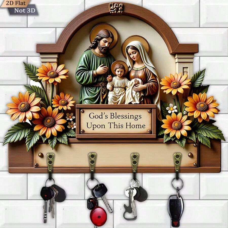 2D Flat, Holy Family Blessing Theme Style Wooden Multi-Function Key Holder, Wall Decor, Entryway Decor, Room Decor, Villa Decor, All-Season Home Decor - Multicolor - View 1