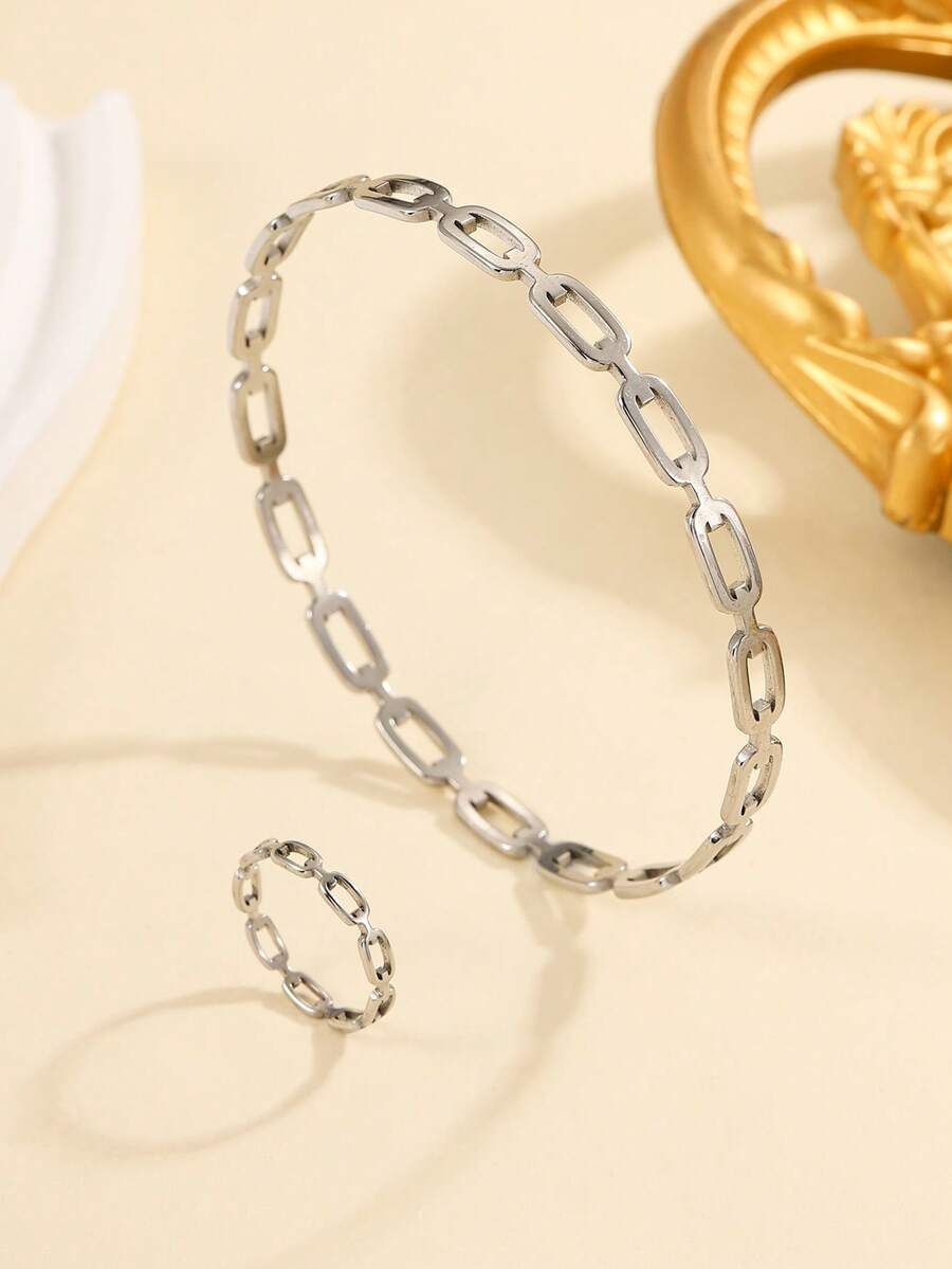 Set de 2 piezas de anillo y pulsera de rectángulo hueco minimalista de acero inoxidable plateado, adecuado para uso de mujeres o como regalo - Plateado - Ver 1