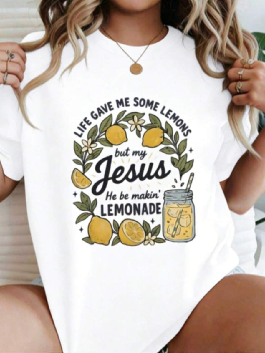 LIFE GAVE ME SOME LEMONS BUT MY JESUS HE BE MAKIN' LEMONADE Graphic Black T - Shirt, Casual Crew Neck Short Sleeve Tee With Lemon & Mason Jar Illustration, Soft Breathable Cotton T - Shirt For Daily Wear, Cozy & Stylish Summer Top - 白色 - 查看 1