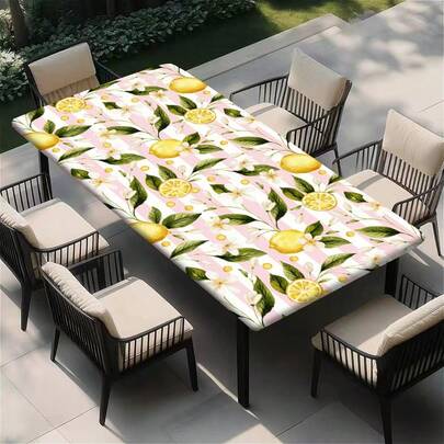 1 pieza Mantel elástico con estampado de rayas, flores y limones, adecuado para decoración al aire libre en primavera/verano, excelente para patio, comedor interior, picnic, camping y fiestas