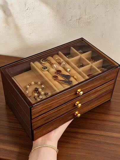 1pc Luxury Black Walnut Jewelry Box, 3-Tier Wooden Jewelry Storage Box With Drawers, Acrylic Display, Classic Style For Earrings, Rings, Necklaces, Bracelets, Pendants, Also Suitable As Bathroom Storage, Desk Drawer Organizer, Stackable Rack, Elegant Display Case, Decorative Piece For Wife's Room
