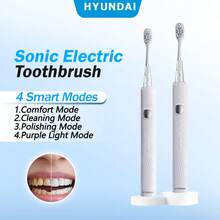 HYUNDAI 成人電動牙刷，USB充電式，3種清潔模式，IPX7防水，長效電池續航，附可更換刷頭，適合旅行使用 - 白色 - 查看 2