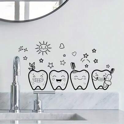 1 buc autocolant de perete cu dinte drăguț de desene animate, detașabil zâmbitor dinți și periuță de dinți de perete decal, decor baie impermeabil, potrivit pentru copii baie și chiuvetă perete