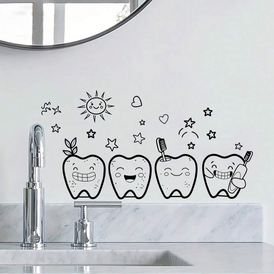1pc 2D 20*30cm (7.87inch*11.41inch) Funny Tooth Wall Sticker, Simple Tooth, Toothbrush, Heart, Star Bathroom Mirror Sticker - one-size - View 1