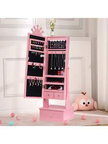 Armario joyero infantil independiente con espejo de cuerpo entero de 117 cm, luz LED, inclinación ajustable y 3 cajones de almacenamiento – Tocador organizador de joyas para niñas - Rosa Roja - Ver 5