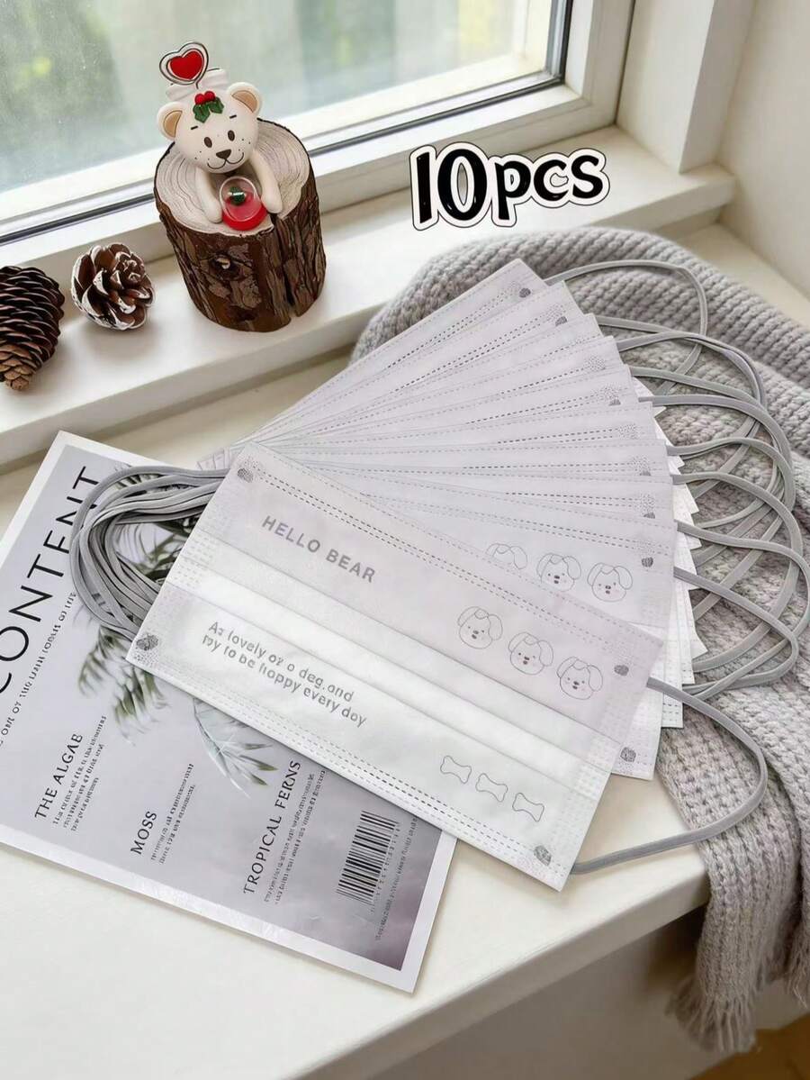 10pcs Hello Bear Flat Face Masks Adult Cute Bear Print Disposable Non-Woven Breathable Protectio - Solid Color Gradient - View 1