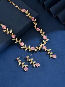 金色和粉色水钻花卉首饰套装 | V形Y字项链吊坠和耳环，适合婚礼、派对、晚宴和正式场合 - 金粉紅色 - 查看 4