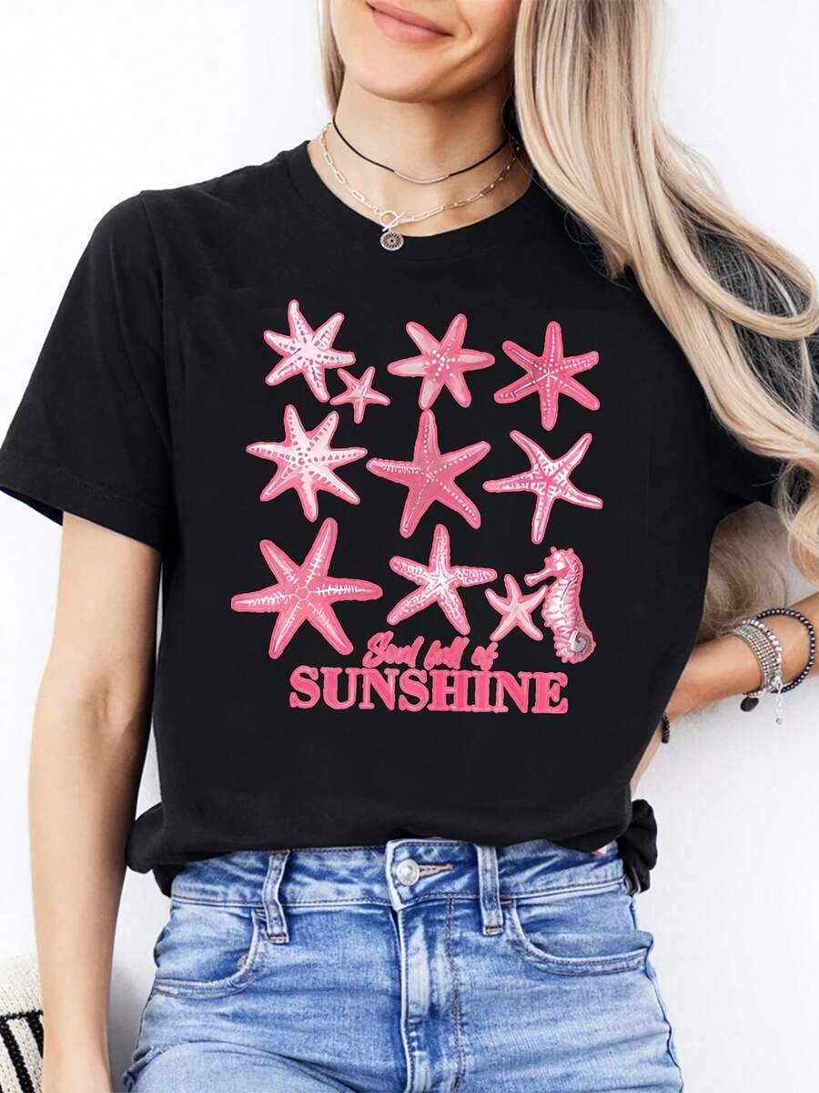 Fashionable, Casual Women's Round Neck T-Shirt For Mother's Day, Short-Sleeved Top For Daily Sports, With A Unique Starfish Print, Perfect As A Gift For Friends And Family, Spring Outfit, Cotton T-Shirt. - 黑色 - 查看 1