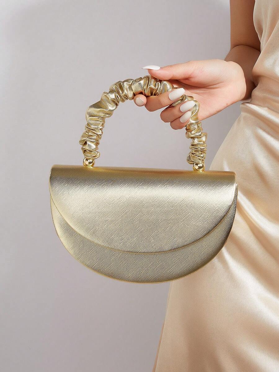 REMANLAND Chic And Elegant Gold Bag With PU Texture And Ruched Handle, Featuring A Shiny Metallic PU Finish, Delicate Ruched Handle And Timeless Half-Moon Flap Design. It Is The Best Gift For Women - Gold - View 1